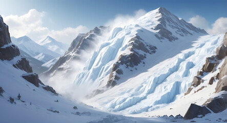 Obraz premium Illustration of an Avalanche Descending a Mountain Slope with Snow and Ice, Featuring Generous Copy Space for Adding Text or Branding Information