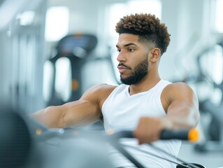 A young man is engaged in a focused workout session on a rowing machine in a modern gym.