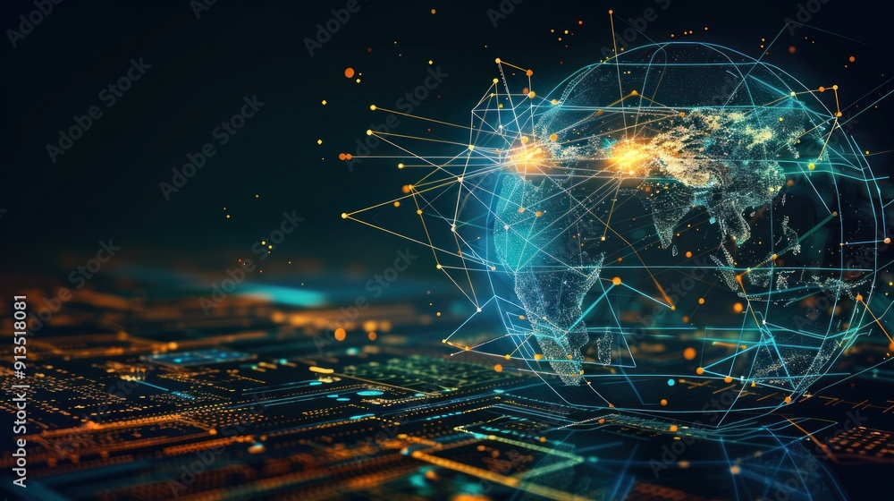 Wall mural virtual connections on a high-tech world globe. generative ai image