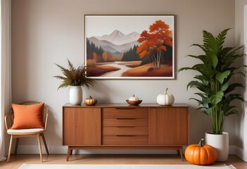 A minimalist living room with blank framed wall art a white sofa, wooden furniture,