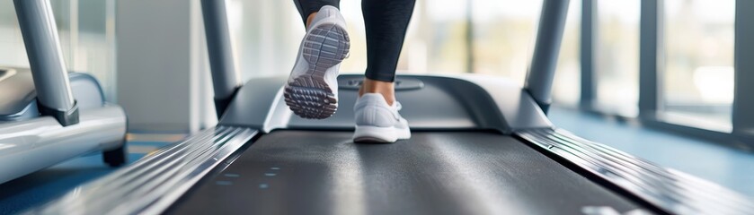 Close-up of a person running on a treadmill in a modern gym, showcasing fitness and active lifestyle.