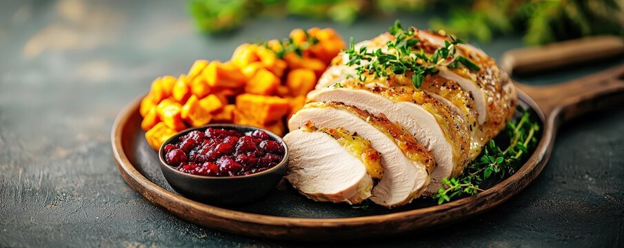 Sliced roasted turkey breast with a side of sweet potatoes and cranberry sauce, on a beautifully set table, thanksgiving meal, holiday presentation