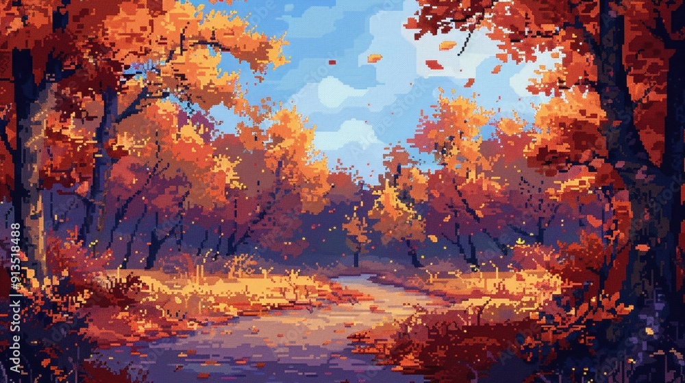 Wall mural pixel art autumn landscape, falling leaves, warm tones