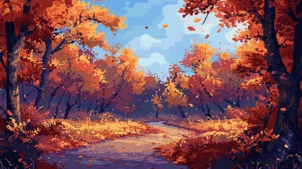 Foto auf Acrylglas Aubergine Pixel art autumn landscape, falling leaves, warm tones  © Digital Design