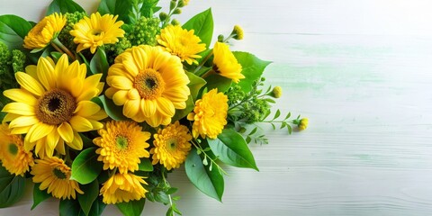 Vibrant yellow flower arrangement with lush green leaves, yellow, flower, arrangement, green, leaves, floral, bright, vibrant