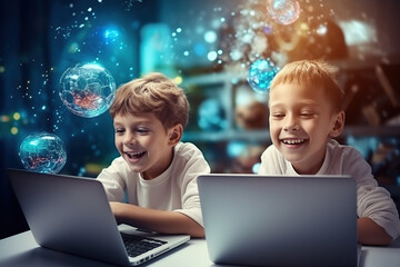 Kids programming on laptops in a futuristic setting