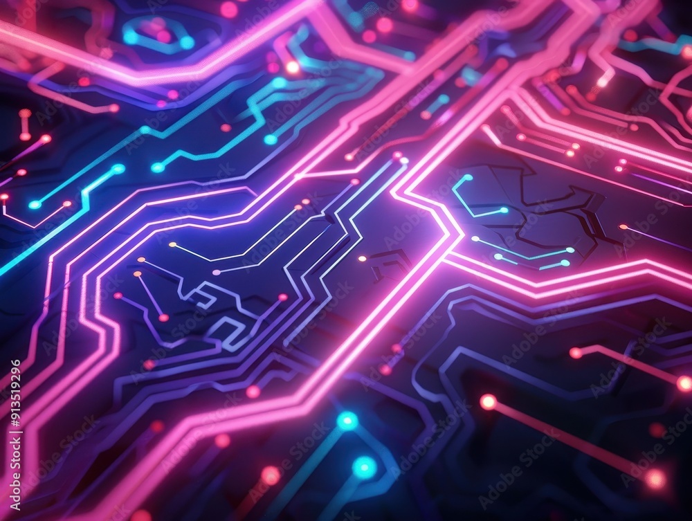 Poster vibrant circuit board design with intricate patterns and glowing neon lights showcasing technology i