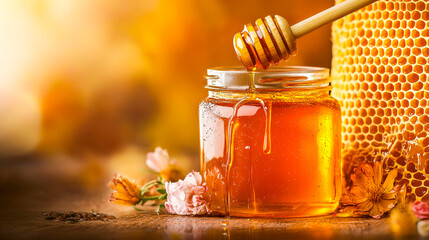 Golden Honey Dripping from Dipper into Jar.