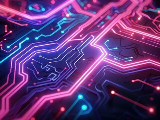 Obraz premium Vibrant circuit board design with intricate patterns and glowing neon lights showcasing technology in modern digital art.