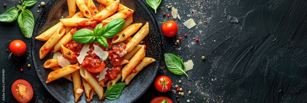 Sticker top view of homemade penne with tomato sauce on a plate