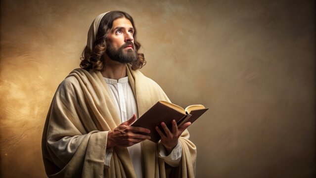 Apostle Bartholomew holding a gospel, spreading the word in a biblical on beige background with copyspace , Apostle