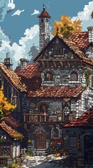 Pixel art medieval town, stone buildings, historical setting