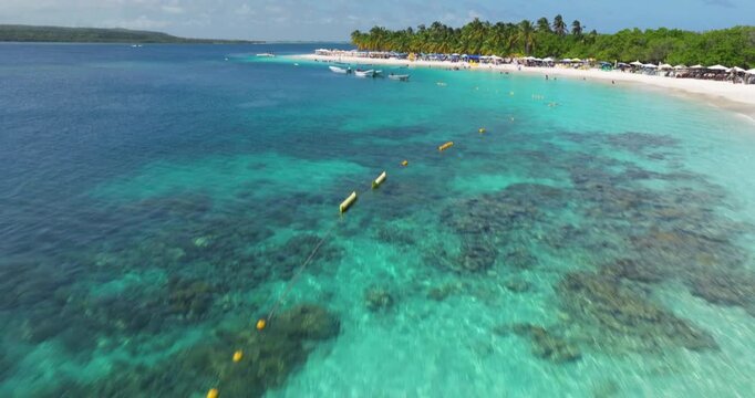 Crystal Clear Waters Of Cayo Sombrero Island In The Caribbean Sea, Morrocoy National Park, Venezuela. Aerial Drone Shot