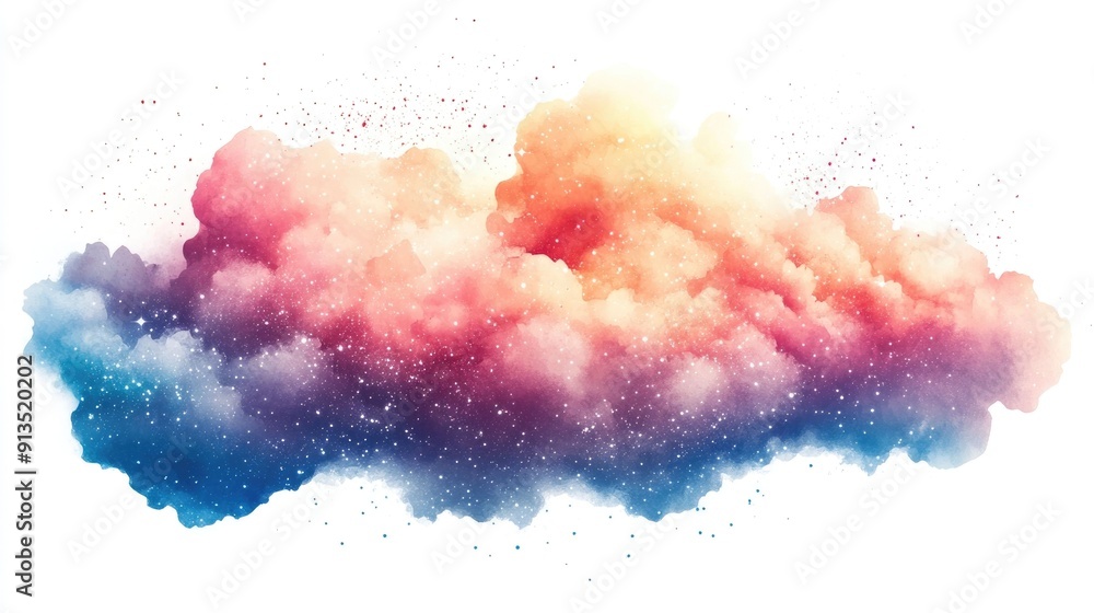 Poster whimsical watercolor of a cloud with shimmering sparkles and glimmers floating ethereally on a pure 
