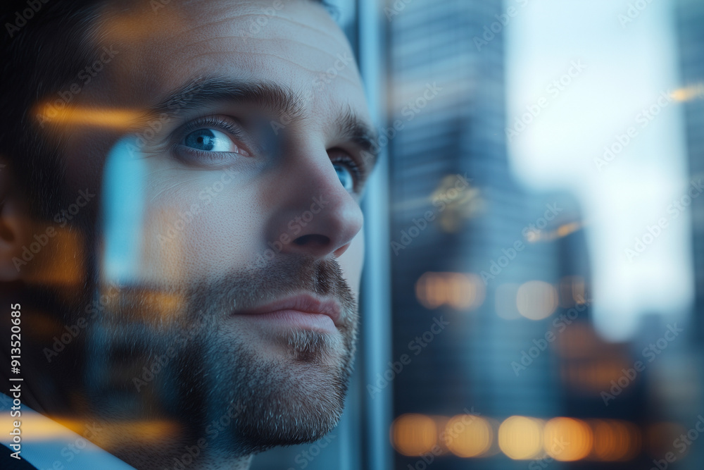 Poster man in a suit is looking out the window of a high rise building. he is deep in thought