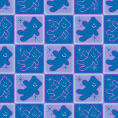 y2k checker board pattern with neon glowing cute bear girly teen seamless patterns
