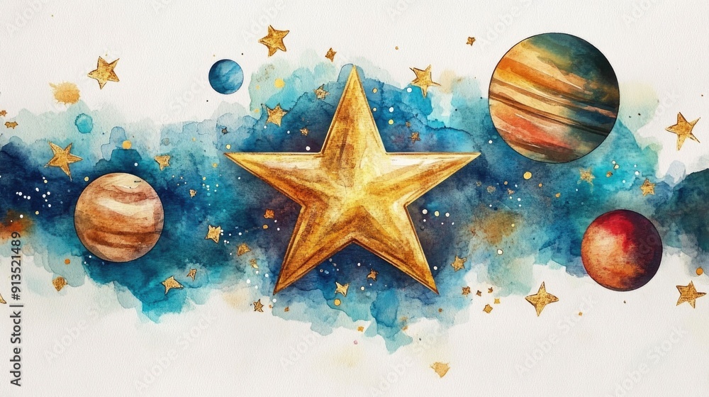 Poster whimsical and enchanting watercolor of a cosmic star surrounded by planets set against a golden and 