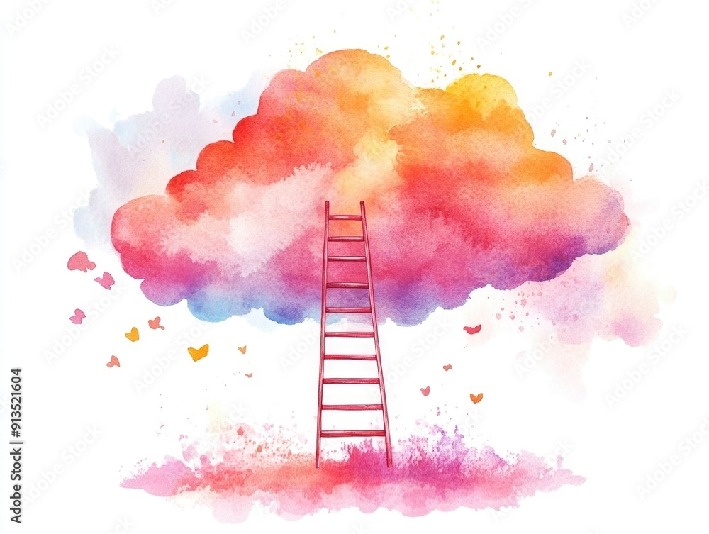 Poster whimsical cloud with ladder ethereal watercolor of a playful and dreamy cloud formation with a ladde