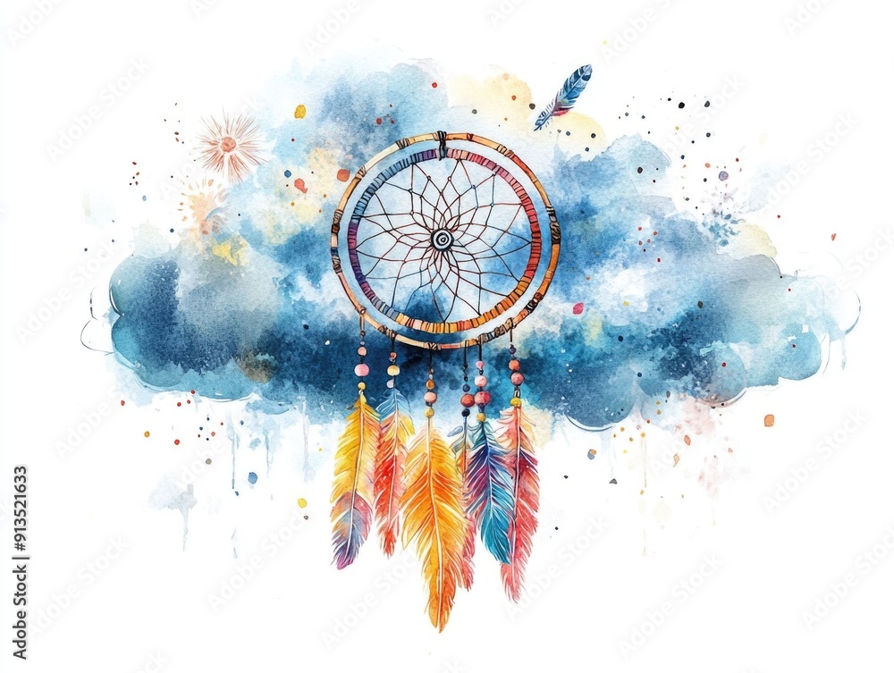 Poster a whimsical and dreamlike watercolor featuring a cloud like shape with a delicate dreamcatcher desig