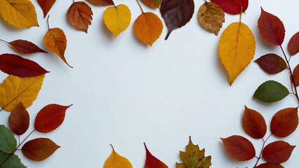 autumn fall colorful foliage leaf leaves border  on white  background for customizable negative text space for typography