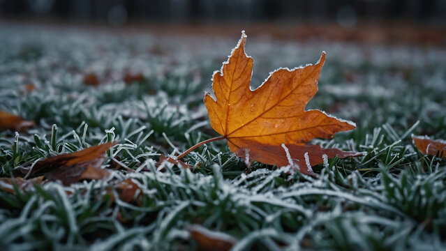 autumn fall maple  leaf on the grass covered in a little bit of snow and frost ice during the winter cold 