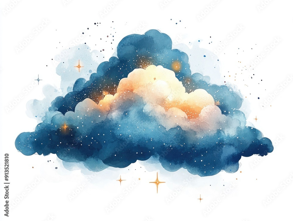 Poster whimsical and ethereal watercolor of a magical cloud with enchanting sparkles floating on a clean wh