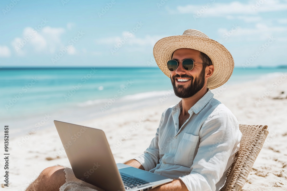 Poster man is sitting on a beach with a laptop and a straw hat on. he is smiling and he is enjoying his tim