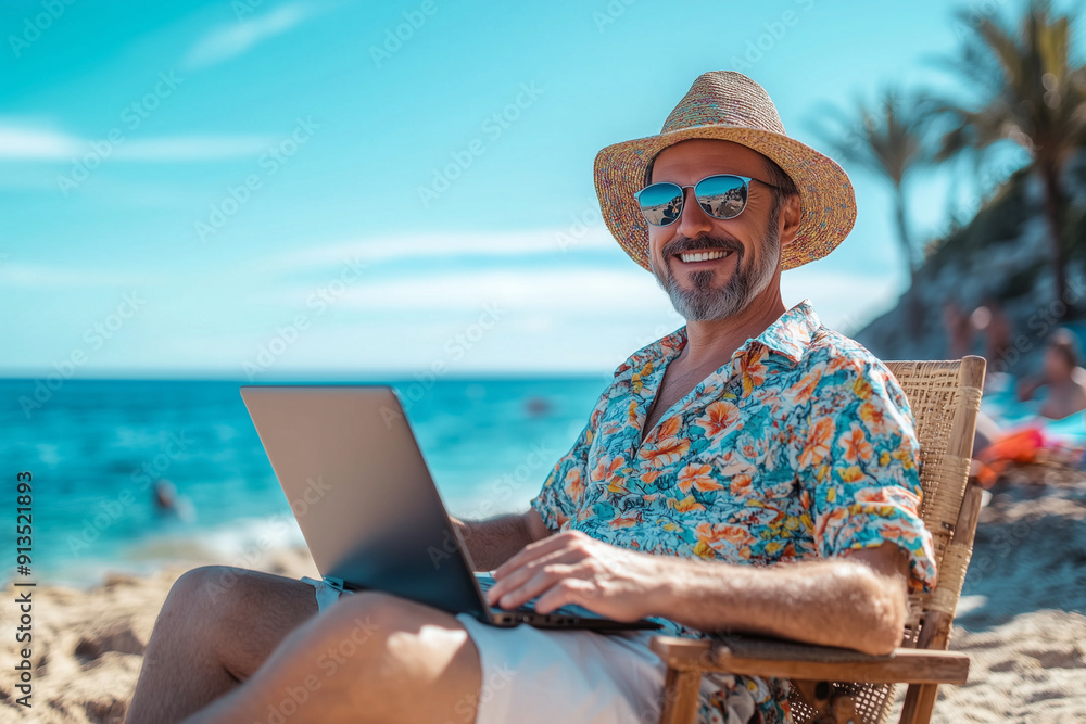 Poster man is sitting on a beach with a laptop and a straw hat on. he is smiling and he is enjoying his tim