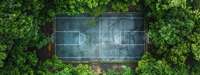View from above of a basketball court amidst the forest.