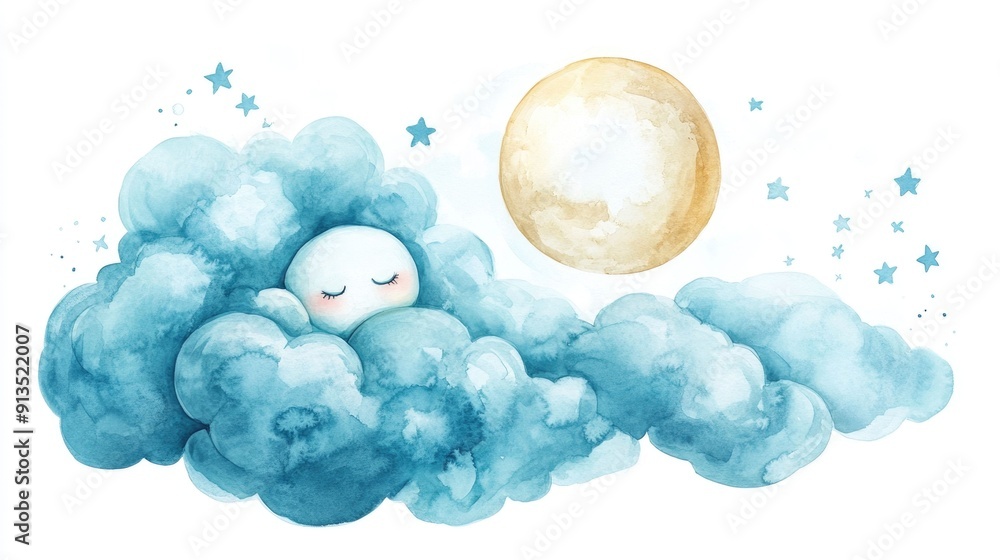 Poster a whimsical and dreamy watercolor featuring a sleeping crescent moon nestled within a fluffy cloud l
