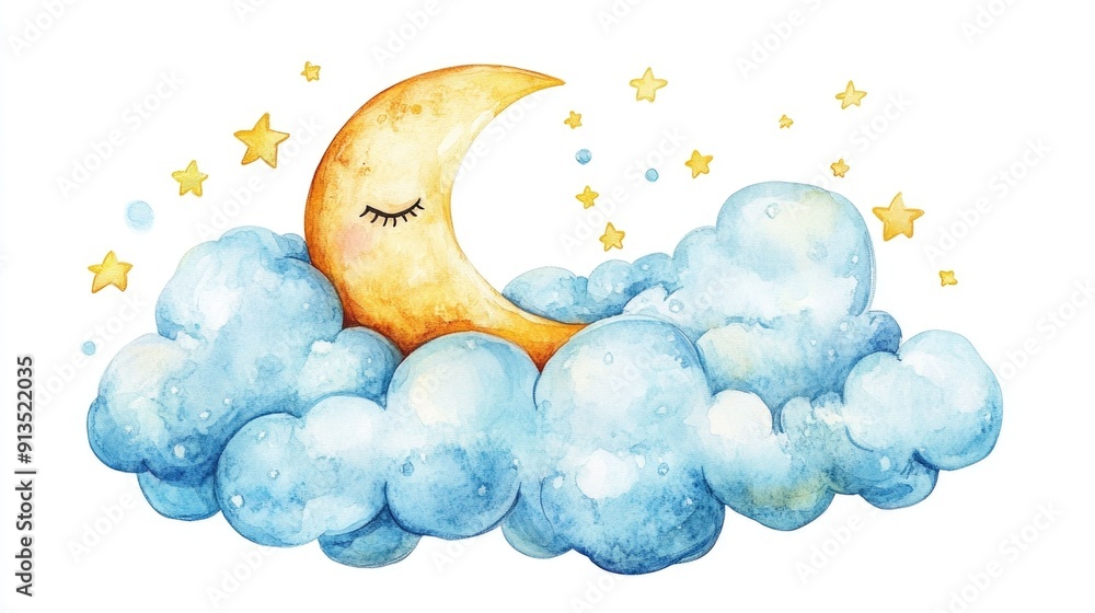 Poster whimsical and serene watercolor depicting a sleeping crescent moon resting peacefully on a soft fluf