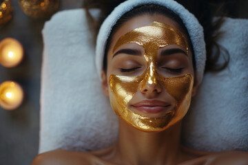 woman with a gold face mask on her face. She is resting her head on a towel