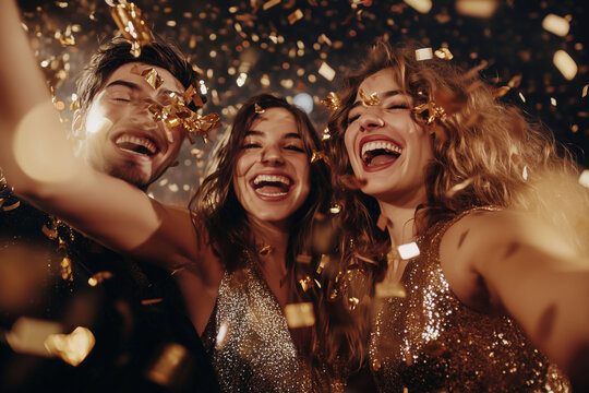 Three people are celebrating with confetti falling around them. They are smiling and enjoying the moment. Scene is joyful and festive
