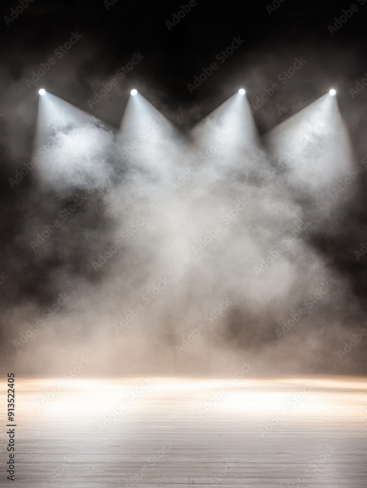 Poster a dramatic stage scene with fog and focused lighting, creating an atmospheric backdrop for performan