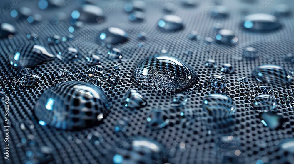 Poster a close-up shot of water droplets on a black, textured fabric surface. the droplets are round and re