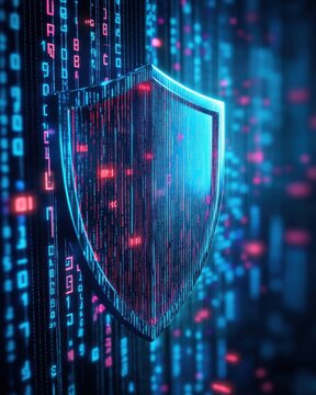 A digital shield represents cybersecurity concepts, surrounded by flowing data and vibrant binary code in a futuristic design.