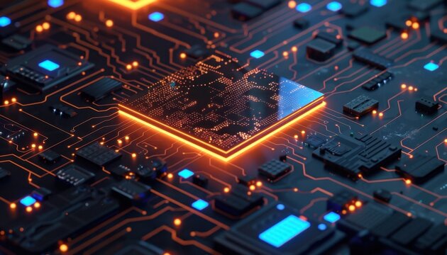 Intricate Circuit Board Design Featuring Glowing Microchip and Electronic Components in Modern Technology Display