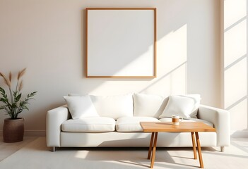 A minimalist living room with a wooden frame on the wall, a white sofa, and a wooden side table