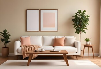 A minimalist living room with a wooden frame on the wall, a white sofa, and a wooden side table