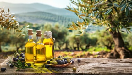 Freshly Bottled Olive Oil Surrounded by Olive Trees in a Sunlit Orchard