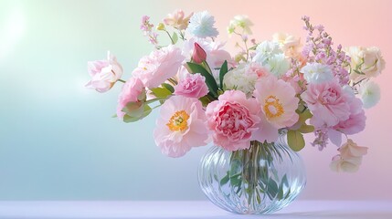Obraz premium Delicate glass vase filled with pastelcolored floral arrangements, showcasing soft hues and elegant blooms, set against a serene backdrop