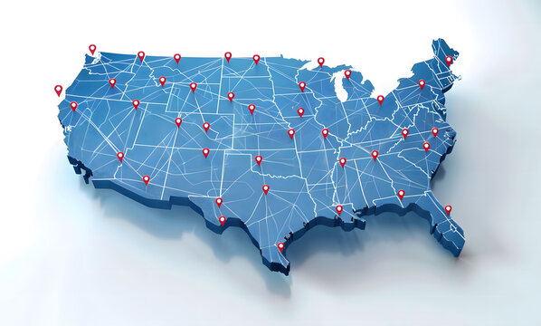 A high-tech, illuminated 3D map of the United States, showcasing various pinpoint locations across the country. The map is vibrant with blue lights highlighting the states' boundaries