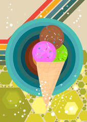 Retro 70s Background with Ice Cream. Groovy Summer Food. 1970s art template. Minimalistic Vintage design poster. Old-fashioned color artwork.