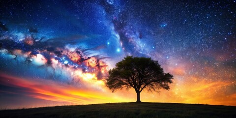 Fototapeta premium A mesmerizing starry night landscape with a lone tree silhouette against a colorful sky , stars, night sky, landscape
