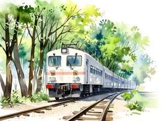 Naklejka premium Train Watercolor Landscape Nature Art