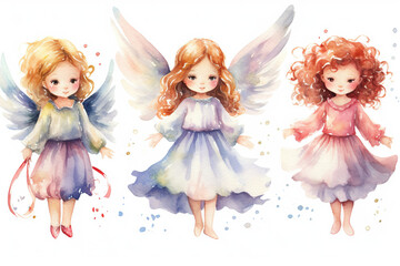 Set of watercolor illustrations of cute little angels