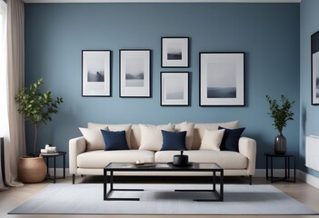 A minimalist living room with three empty picture frames on the wall and a beige sofa, a round wicker coffee table,