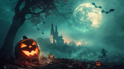 Naklejka premium Halloween Pumpkin and dark castle with graveyard and bat. Full Moon spooky night mysterious forest darkness scene background. Holiday event halloween banner background concept