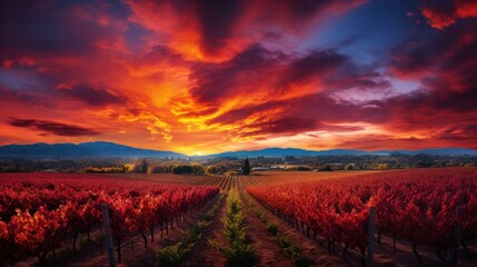 Photograph of a breathtaking panorama of a vineyard ablaze with the colors