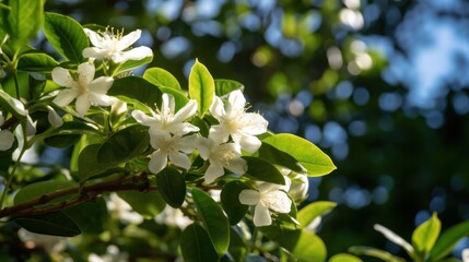Photograph of a coffee plant sapling reaching towards the sky, its branches adorned with delicate white blossoms